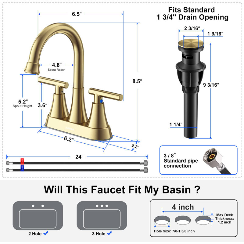 2-handle Bathroom Faucet with Drain Assembly, Brushed Gold
