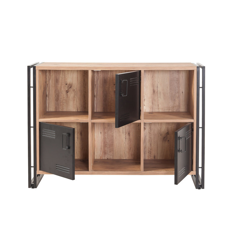 Bibliothèque industrielle avec cadre en métal et portes plaquées, pin atlantique et noir, 49,6 x 35,0 x 13,8 pouces | Panneau de particules 100% enduit de mélamine, durable et élégant | Nombreuses tablettes murales pouvant supporter 88 lb