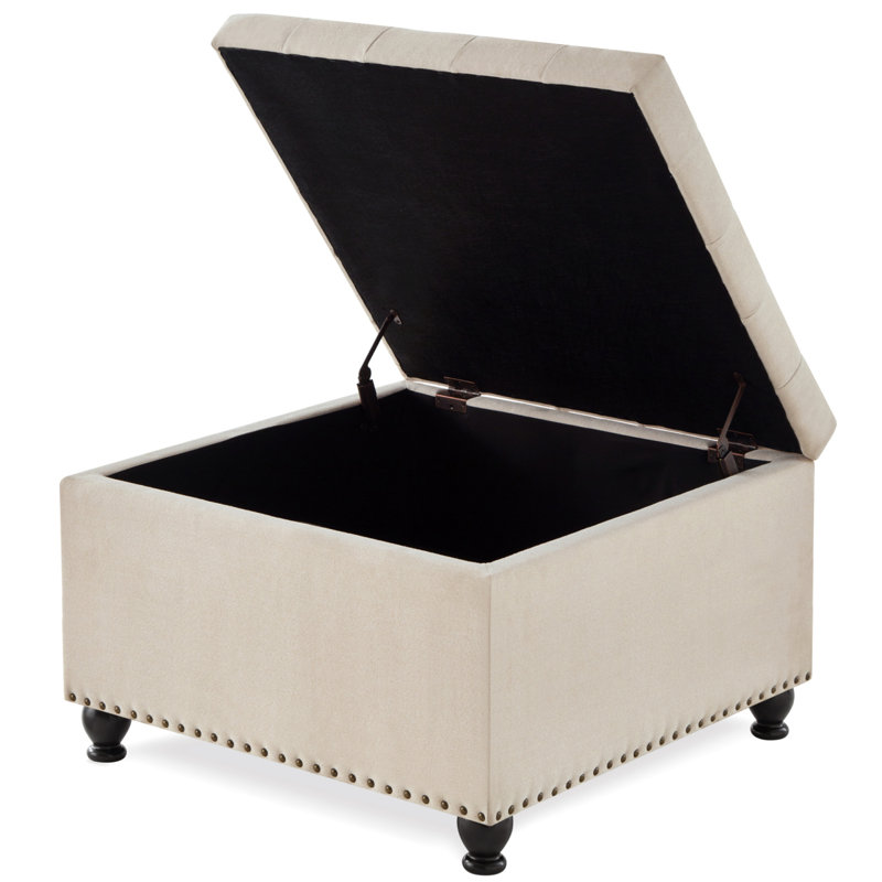 Grand repose-pieds carré avec rangement et pieds en bois, table basse capitonnée avec garniture cloutée pour espace de vie, beige