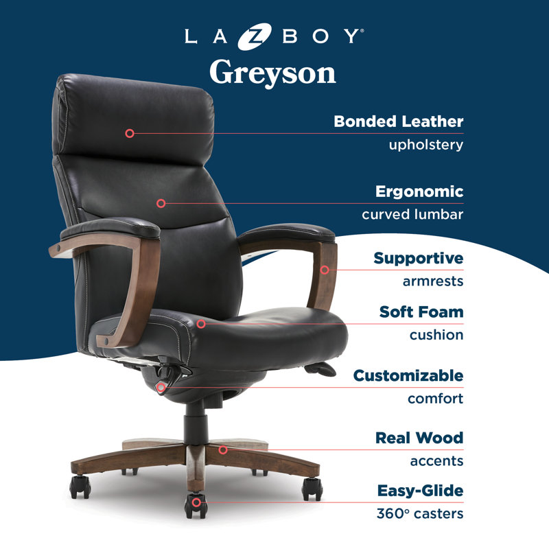 ErgoExecutive High-Back Swivel Chair with Wood Accents in Black Leather