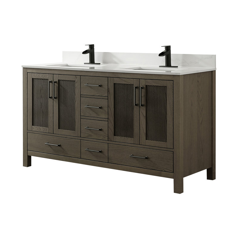 Meuble-lavabo double 60 po avec comptoir en quartz 60 po, Gris