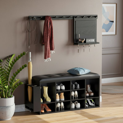 Black 10-Cube Entryway Storage Shoe Bench, PU Leather Shoe Rack Organizer With Adjustable Shelves, Suitable For Living Rooms And Bedrooms
