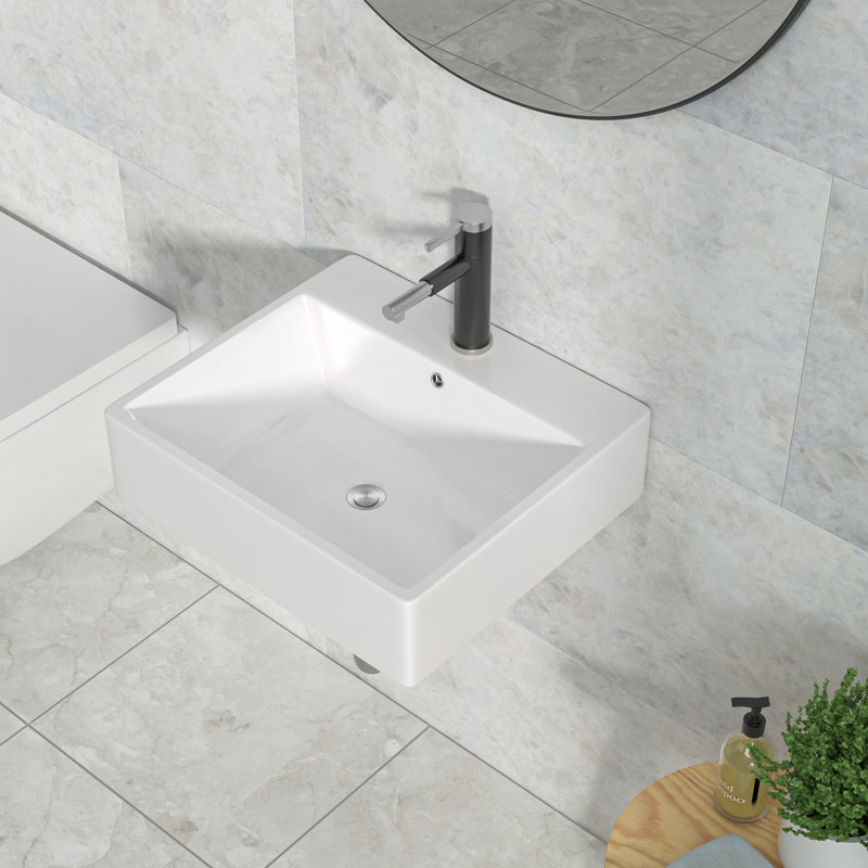 20" L x 16" W Ceramic Rectangular Wall-Mounted Bathroom Sink With Right Angle