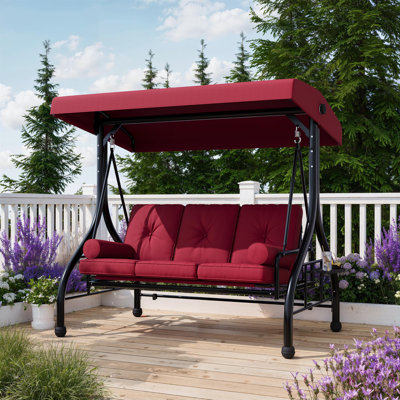 Deux-en-un balancelle convertible deux-en-un avec siège inclinable, siège rembourré, plateau latéral, deux coussins décoratifs et pieds ronds amovibles pour terrasse de jardin, terrasse, détente, bleu marine