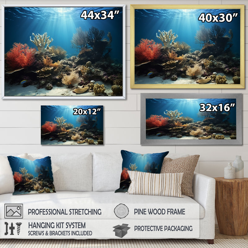 Coral Underwater Paradise - Beach and Ocean Wall Art Living Room, Toile tendue, H 34 po x l 44 po x P 1,5 po