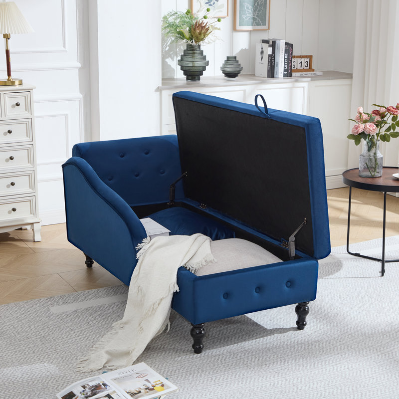 Chaise longue de rangement en velours Eastham, Bleu, Orienté vers la gauche