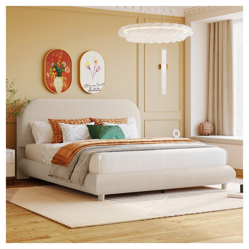 Lit plateforme tapissier grand avec tissu incurvé Teddy