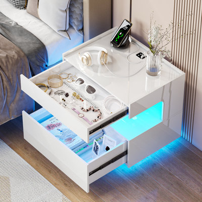 Modern LED Bedside Table with Motion Sensor Light, High Gloss Nightstand with Open Shelf and Drawer