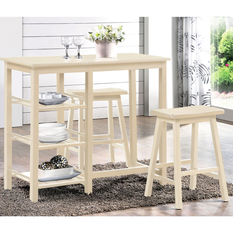 3 comptoirs à hauteur de comptoir à l'ombre. Table avec tablettes. Confortable. Fabrication en bois. Idéal pour les petits espaces. 3 tablettes. Tabourets confortables. Pieds. Convient aux espaces