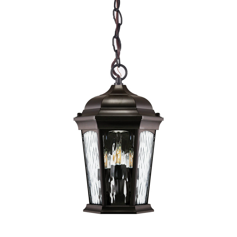 Bronze LED Hanging Lantern with Flickering Flame, Dual Modes, Water Glass, Wall Switch