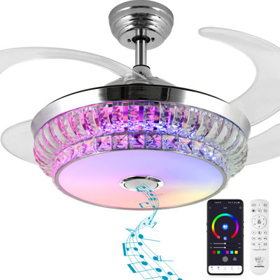 42IN Retractable Bluetooth Ceiling Fan with Light and Speaker, Flush Mount Ceiling Fans,RGB-LED 6 Speed Reversible Modern Invisible Ceiling Fans,Remote and APP Control