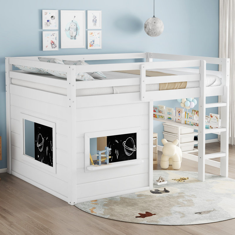 Lit mezzanine en bois massif pour enfants avec tableau coulissant et bibliothèque pour enfants, Complète, Blanc