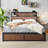 Brown Wooden Platform Bed Frame with Raised Pattern, Multi Storage Drawers and Bedside Socket