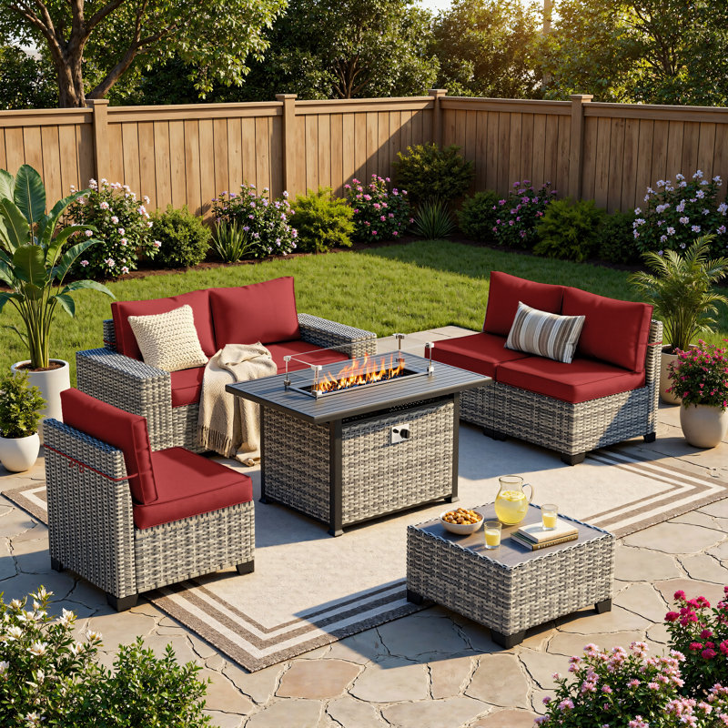 7-Piece HDPE Wicker Patio Sectional Set With Fire Pit Table, Cushioned Outdoor Conversation Set, Red