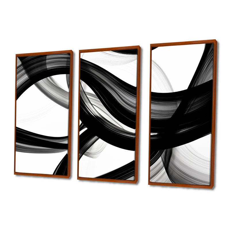 Vagues abstraites blanc noir tourbillons - ensemble d'art mural paysage urbain, Cadre flottant brun