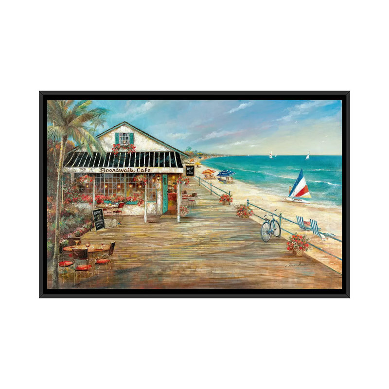 «Boardwalk Café» par Ruane Manning - reproduction d'art, Aucun mat, H 32 po x l 48 po x 1,5 po, Toile avec cadre noir