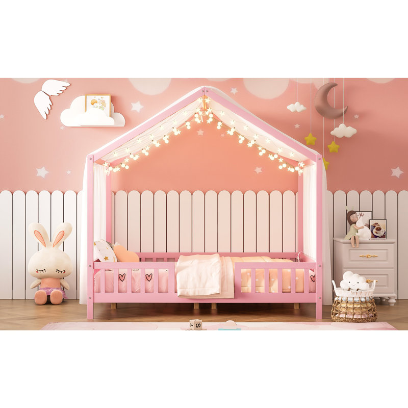 Lit de sol avec auvent Montessori, Lit double, Rose