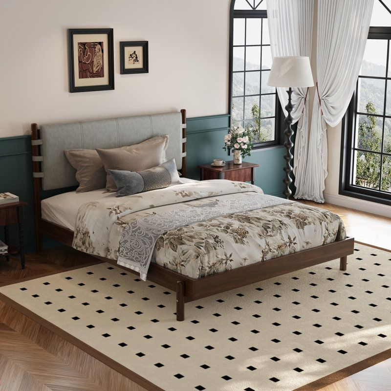 Cadre de lit plateforme en bois d'hévéa de qualité supérieure avec tête de lit incluse, lit Mid-Century moderne, Grand