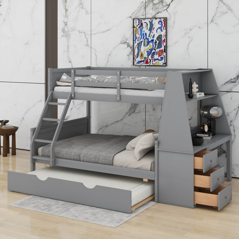 Twin Over Full Bunk Bed With Trundle And Desk, Three Storage Drawers And Shelf, Gray