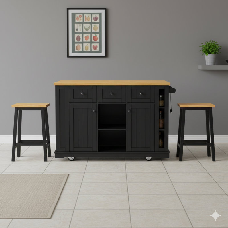 Îlot de cuisine spacieux de 53 pouces avec 2 tabourets de bar inclus, prise électrique, support de rangement derrière la porte, 5 roulettes, comptoir à abattants, 5 tablettes latérales ouvertes et 3 tiroirs - finition noire, livré dans trois boîtes