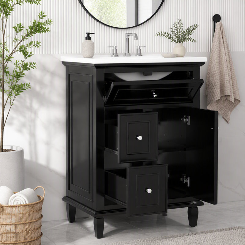 Meuble-lavabo 24 po avec lavabo et rangement intelligent, Noir, 24