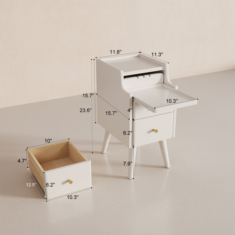 Narrow Solid Wood Nightstand with 2 Drawers, White, 11.81"W