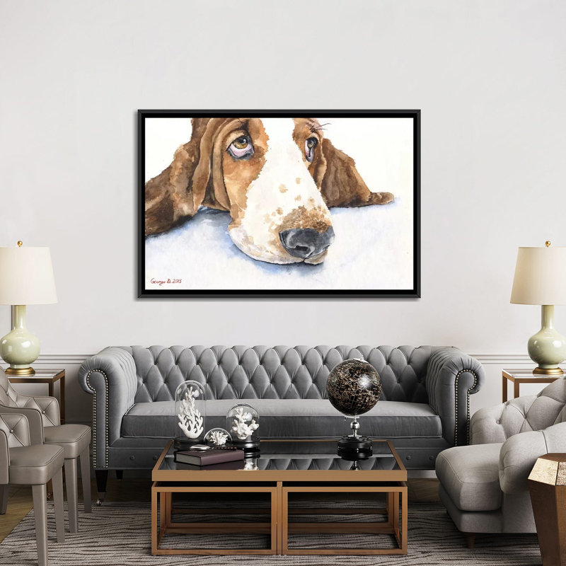« basset v », impression sur toile, H 18 po x l 26 po x P 1,5 po, Toile avec cadre noir, Pas de tapis