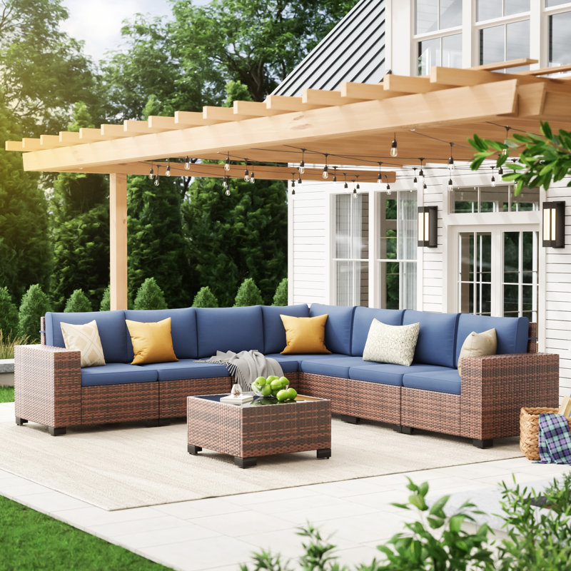 Ensemble de conversation modulaire en osier pour 7 personnes avec coussins, Coussin bleu marine / structure brune