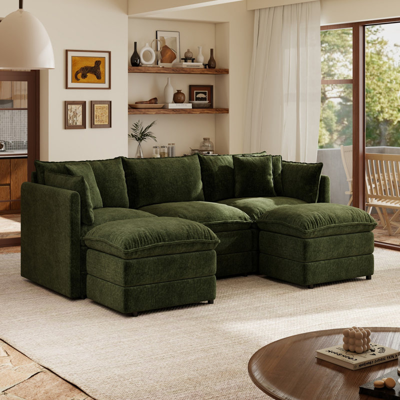 Canapé modulaire modulaire en forme de L de 112 po avec repose-pieds en chenille 4 places et coussin profond pour salon, Vert