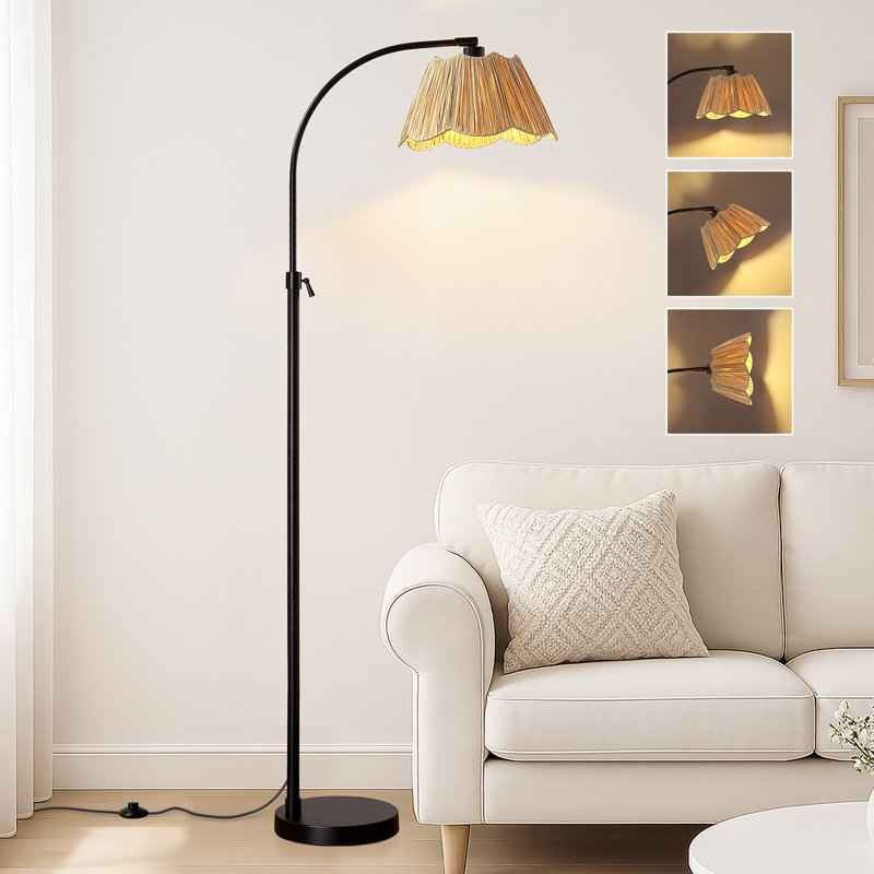 Lampe sur pied arquée noire réglable de 64 po avec abat-jour tissé à la main, lampe de lecture rotative et ampoule DEL E26 incluse