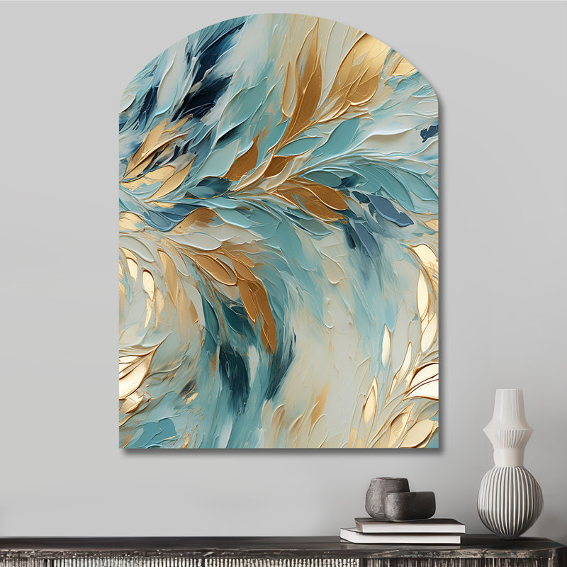Or et bleu, expérience de dérive givrée - Art mural asymétrique abstrait en métal, H 34 po x l 25 po