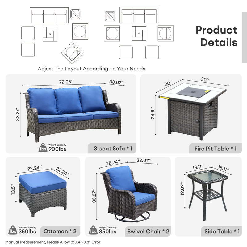 7 Piece Rattan Sofa Seating Group with Fire Pit and Cushions, Brown, Navy Blue
