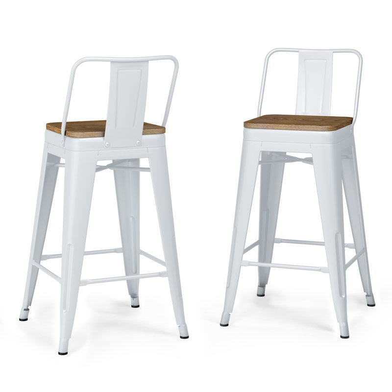 Tabouret en bois massif et métal Rayne, Blanc, Tabouret de comptoir (siège d'une hauteur de 24,0, 4