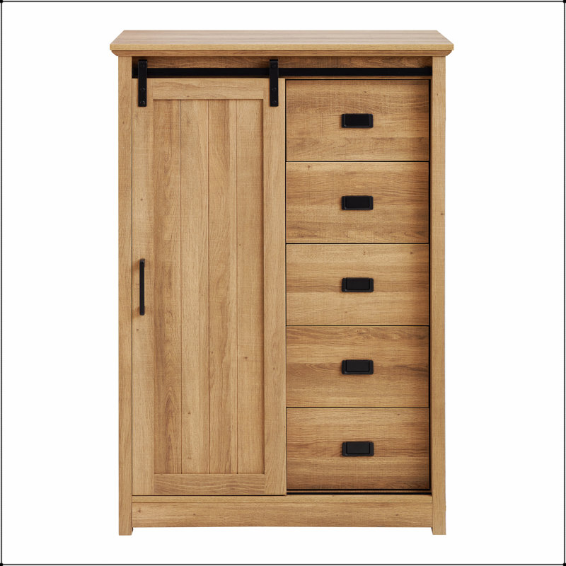 Commode 5 tiroirs avec porte de grange coulissante, commode haute moderne pour un rangement polyvalent et charme rustique dans n'importe quelle pièce