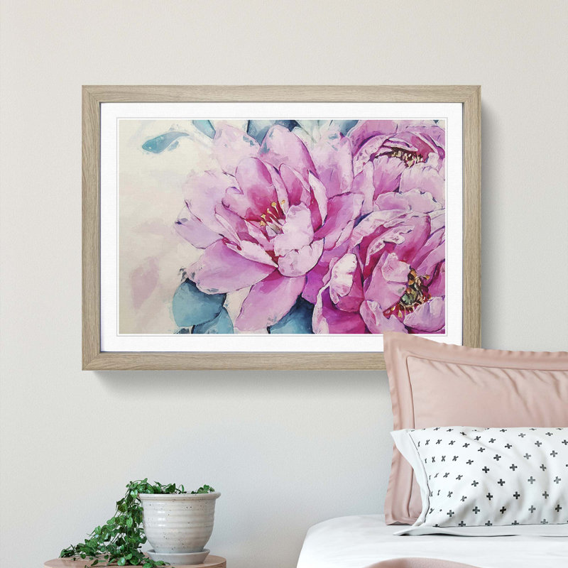 Watercolour Pink Peonies in Abstract - Picture Frame Painting Print, Oak, 40cm H x 60cm W x 2cm D
