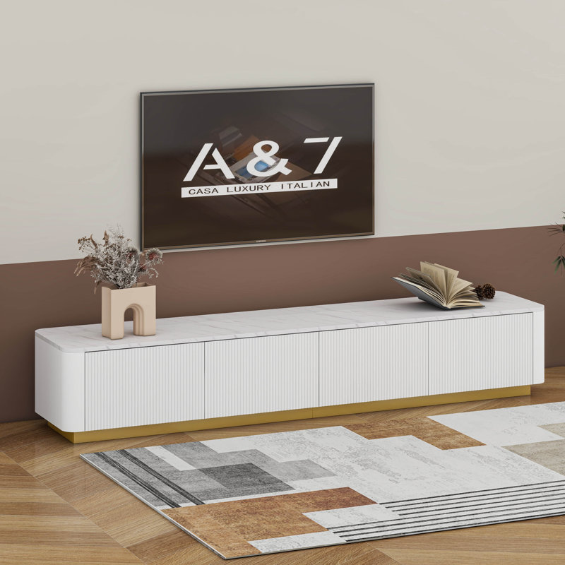 Modern Fluted TV Stand - Faux Marble Tabletop Media Console With 4 Drawers, Curved Design, Gold Base, White