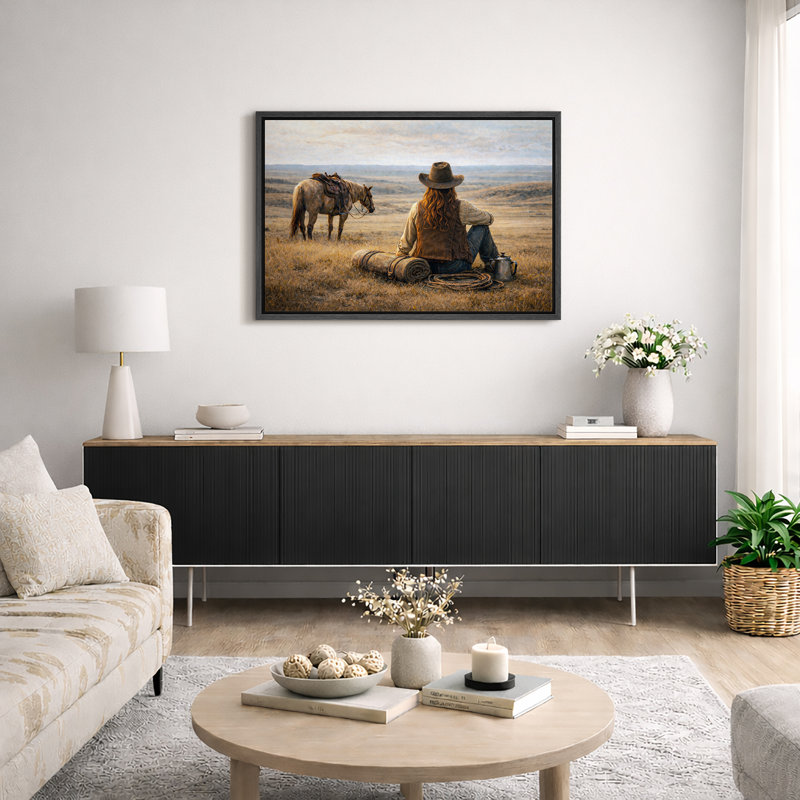 «Cowboy on Horseback», paysage occidental, impression sur toile encadrée, H 24 po x l 36 po x P 1,5 po, Cadre noir