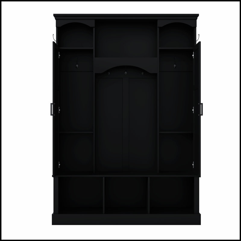 Portemanteau moderne tout-en-un avec tablettes réglables, banc de rangement de style campagnard arqué classique avec armoires latérales doubles, organisateur de hall d'entrée élégant avec 7 crochets pour vestibule, couloir