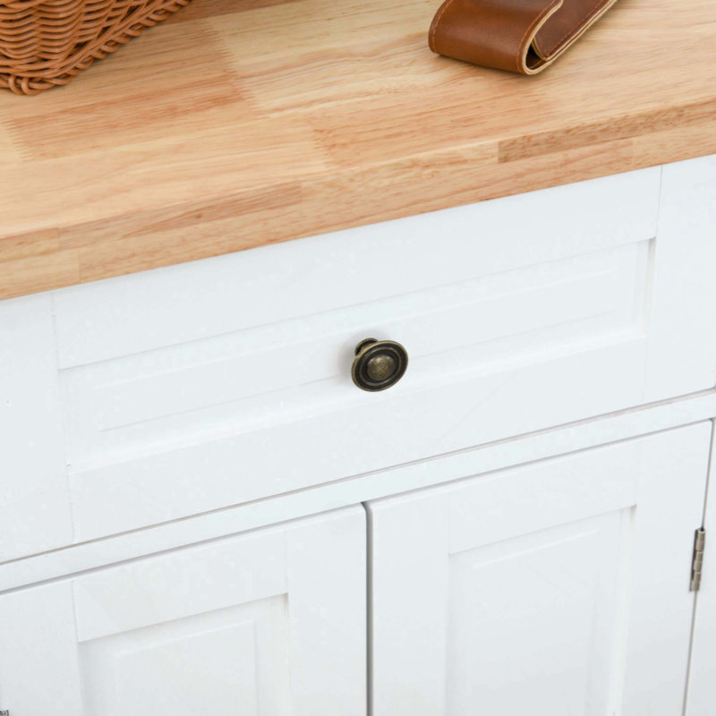 Kitchen Island On Wheels, Rolling Cart With Rubberwood Top, Spice Rack, Towel Rack And Drawers For Dining Room, White