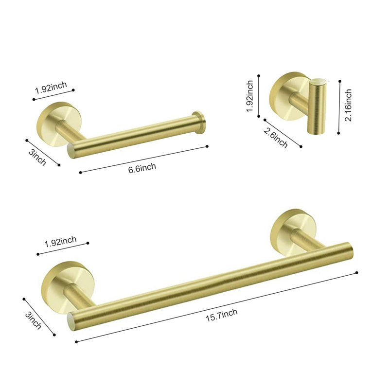 Sturdy and Durable Wall Mounted Bathroom Hardware Set (3-Piece), Brushed Gold