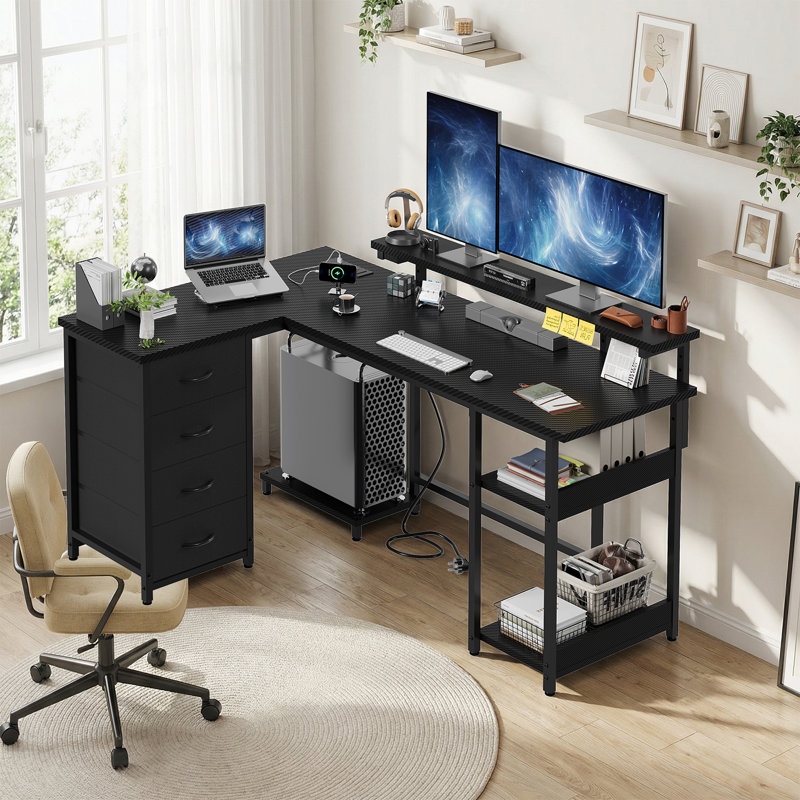 L-Shaped Metal Base Computer Desk, 88cm. H x 155cm. W x 100cm. D, Black