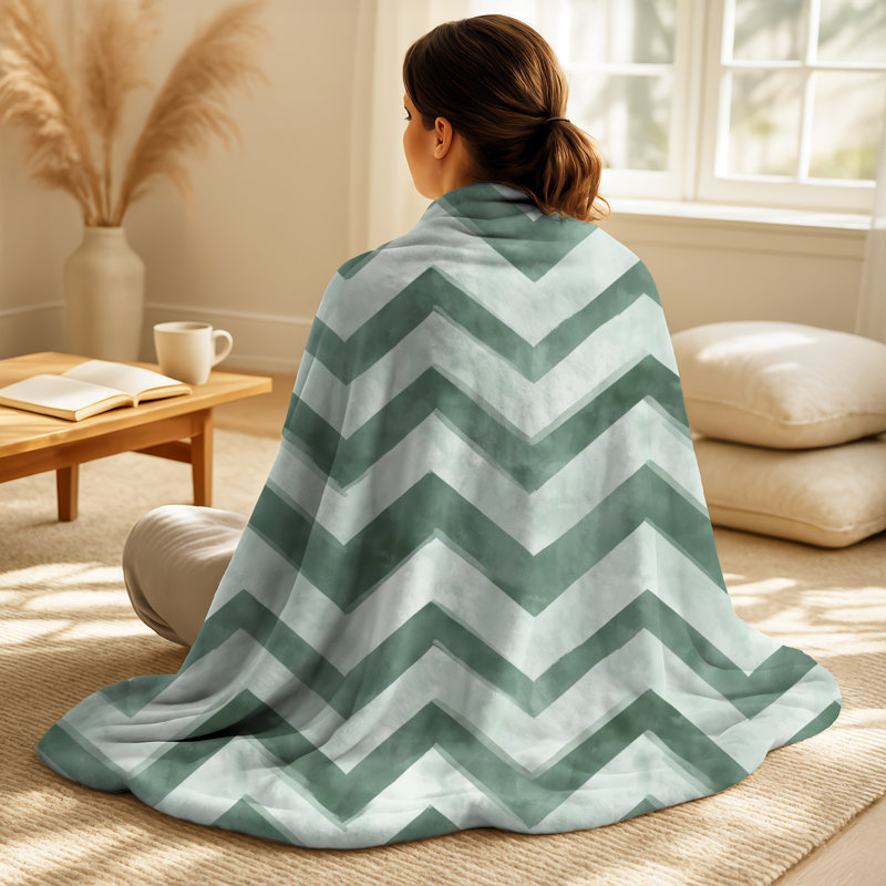 Chevron vert et blanc - couverture polaire contemporaine, jeté chaud moderne