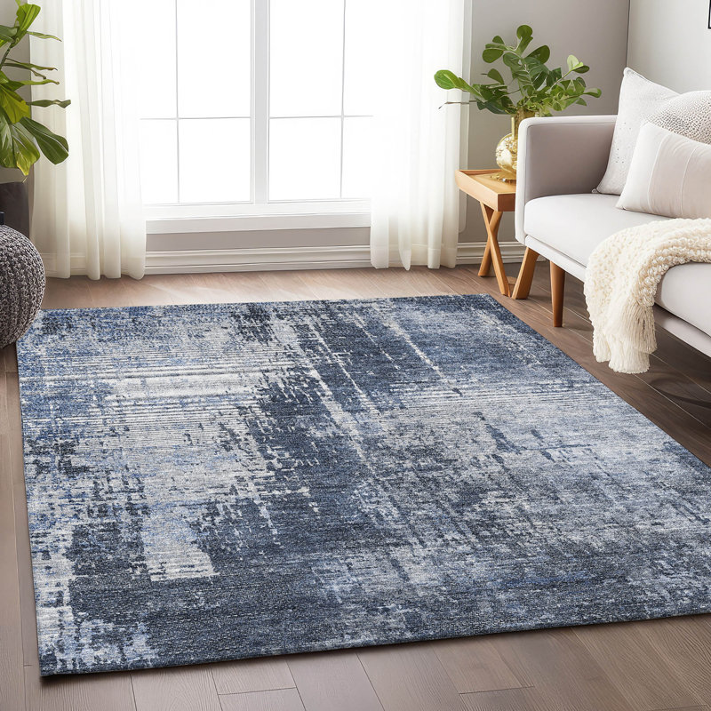 Tapis bleu marine de qualité supérieure lavable à la machine Prisco, Rectangle 10 pi x 14 pi