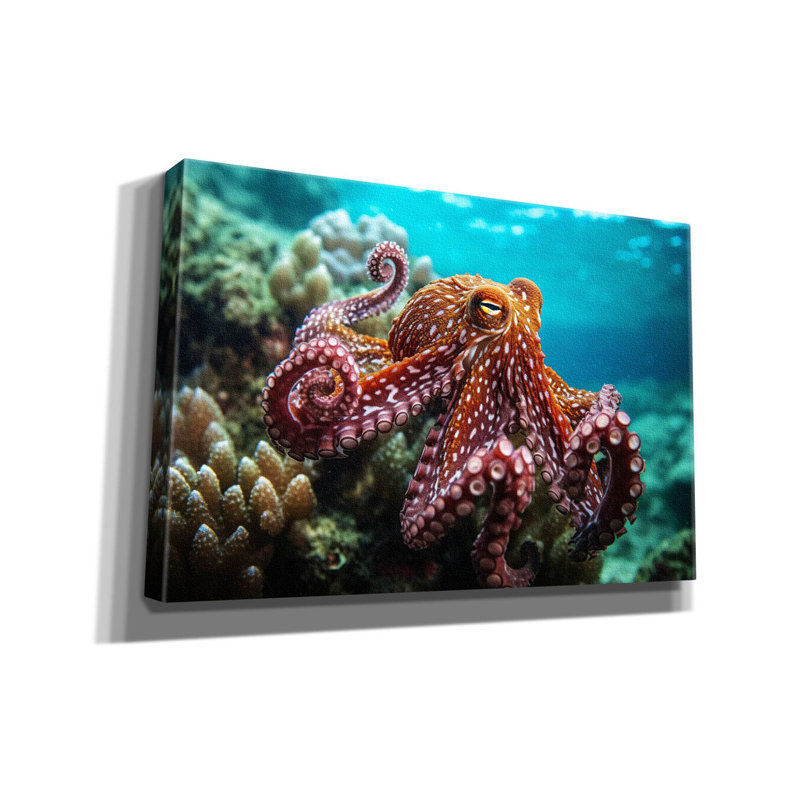 Pieuvre en mer sur toile, H 12 po x l 18 po x P 0,75 po