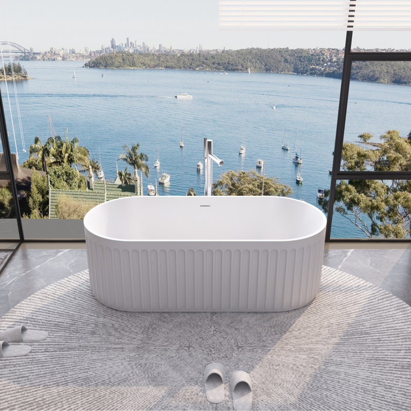 67 po. X 34 po. Résine de bain autoportante en surface solide avec trop-plein et drain escamotable, blanc mat