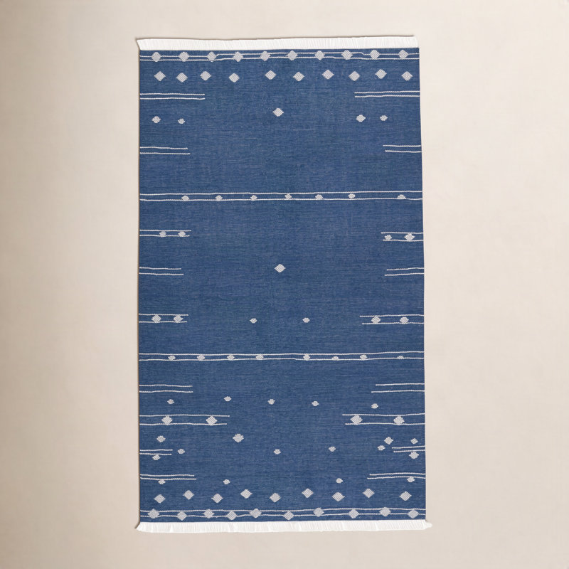 Tapis d'intérieur / extérieur bleu / blanc fait à la main Moroccan, Rectangle 10 pi x 14 pi