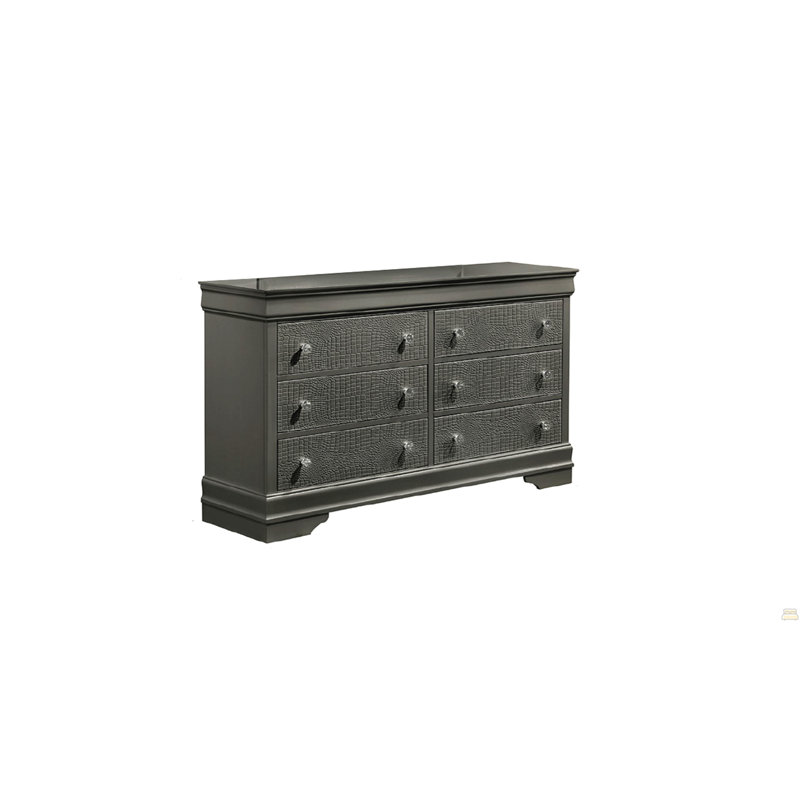 Commode 6 tiroirs en bois, Gris métallisé