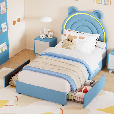 Structure de lit simple avec 4 tiroirs de rangement et lumières DEL, lit plateforme tapissier en velours avec tête de lit arc-en-ciel pour enfants / garçons, support à lattes de bois, aucun sommier nécessaire, bleu