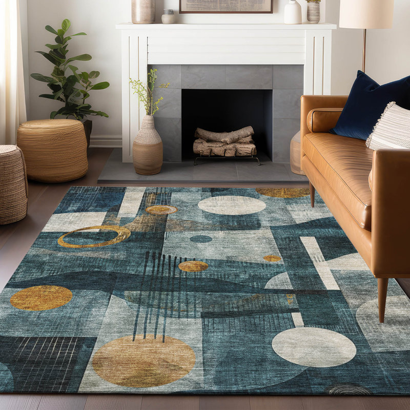 Teal and Gold Geometric Washable Synthetic Area Rug
