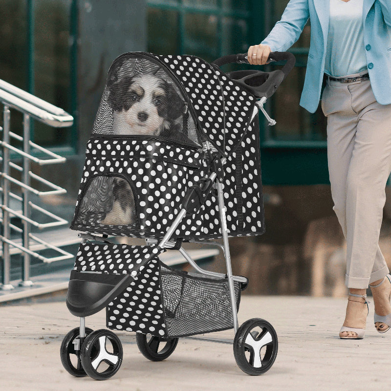 Black and White Polka Dot Foldable Dog Stroller with Storage